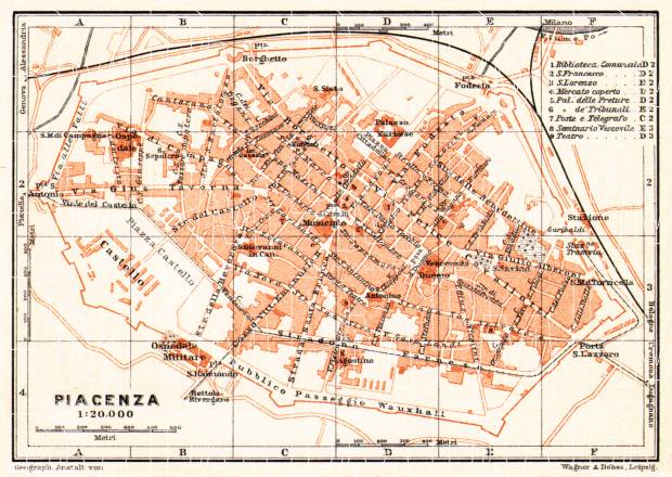 Piacenza (Placentia) city map, 1908. Use the zooming tool to explore in higher level of detail. Obtain as a quality print or high resolution image