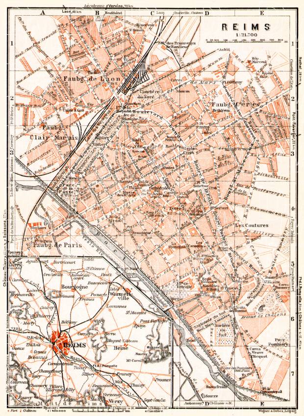 BAEDEKER 1899 old map Marne carte REIMS antique town city plan de la ville 