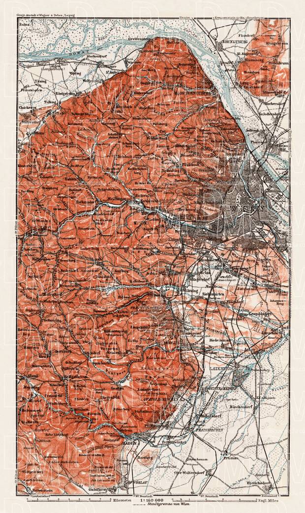 Vienna (Wien) environs map, 1910. Use the zooming tool to explore in higher level of detail. Obtain as a quality print or high resolution image
