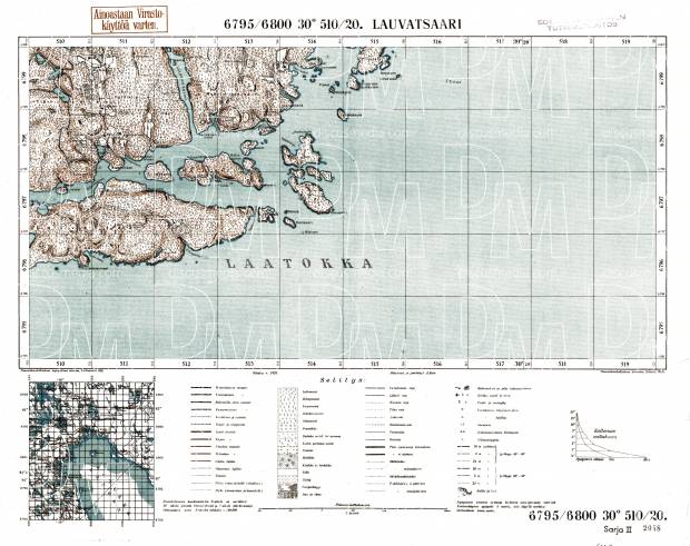Lauvatsaari. Topografikartta 413206. Topographic map from 1939. Use the zooming tool to explore in higher level of detail. Obtain as a quality print or high resolution image