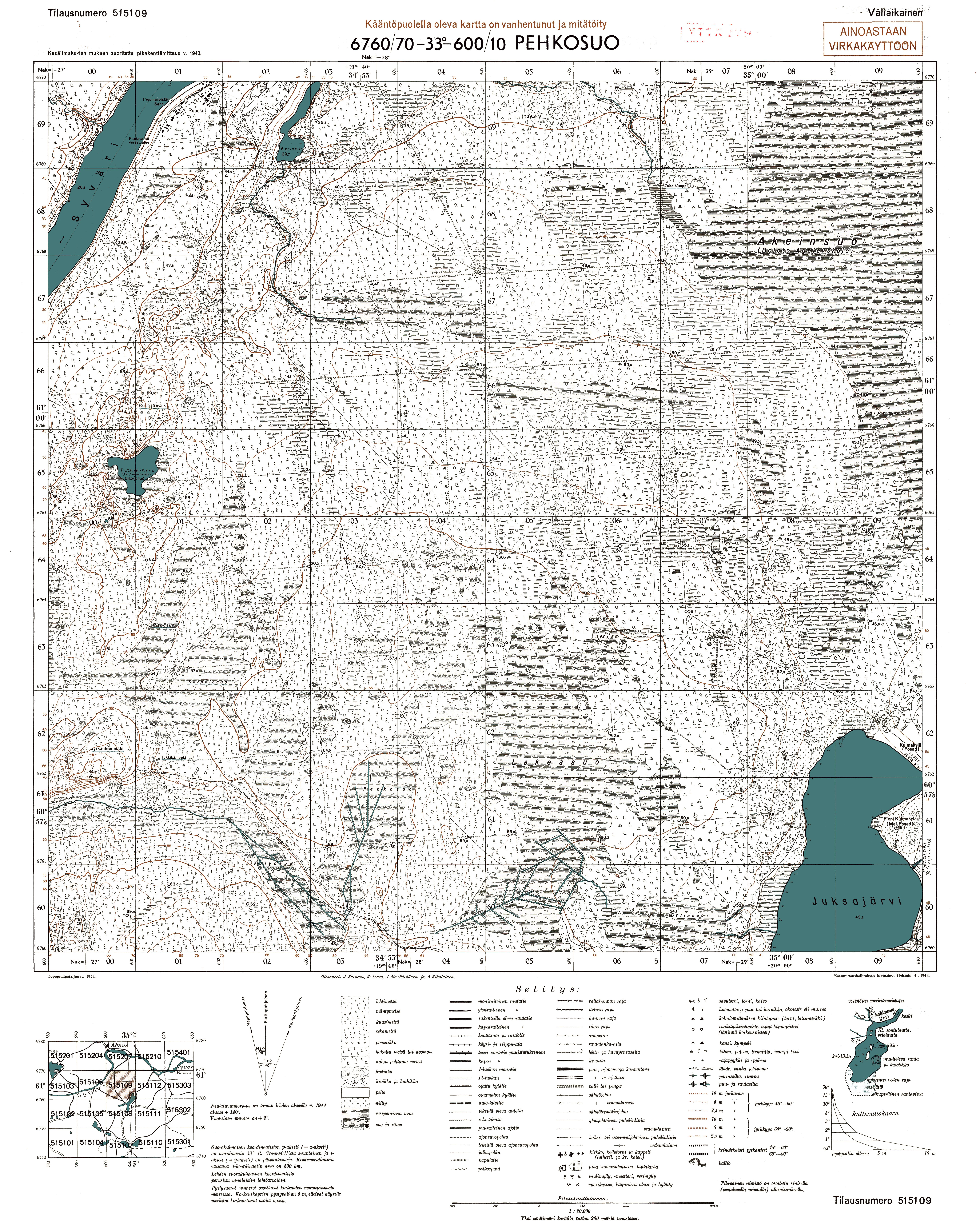Pehkboloto Marshes. Pehkosuo. Topografikartta 515109. Topographic map from 1944. Use the zooming tool to explore in higher level of detail. Obtain as a quality print or high resolution image