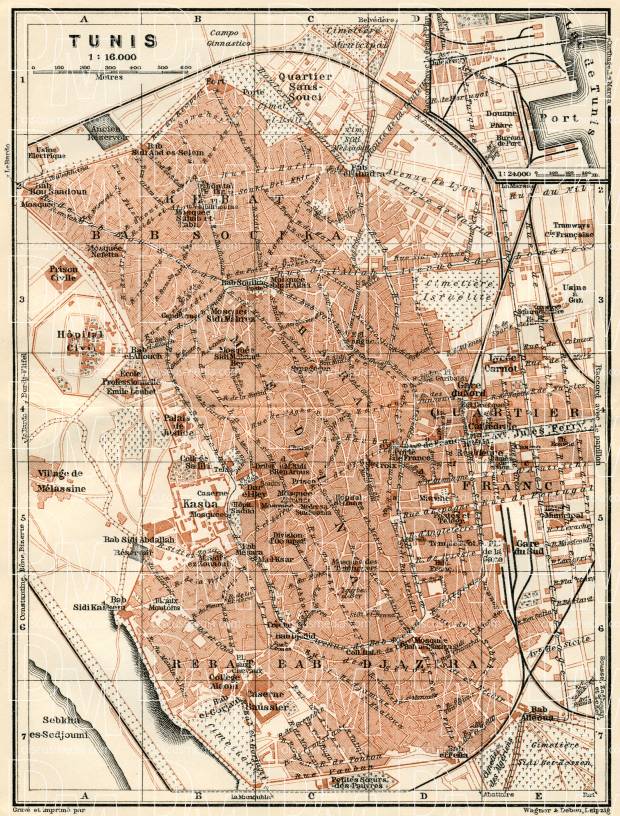 Tunis (تونس) city map, 1909. Use the zooming tool to explore in higher level of detail. Obtain as a quality print or high resolution image