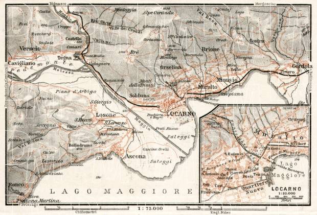 Locarno, city map and environs map, 1909. Use the zooming tool to explore in higher level of detail. Obtain as a quality print or high resolution image