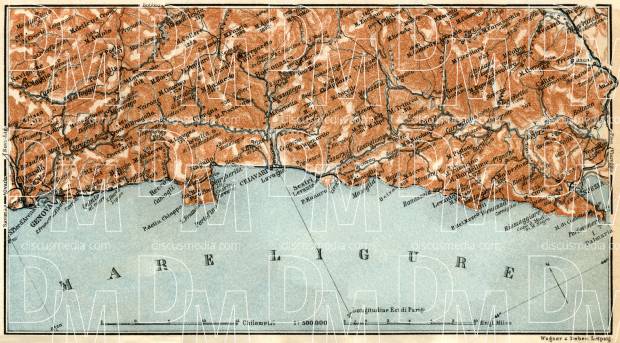 Italian Genoese/Levantian Riviera (Riviére) from Genua to Spezia map, 1913. Use the zooming tool to explore in higher level of detail. Obtain as a quality print or high resolution image