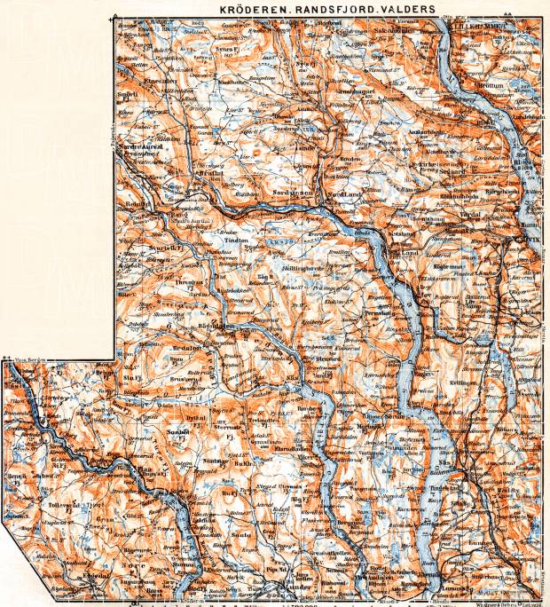Kröderen - Randsfjord - Valders, region map, 1910. Use the zooming tool to explore in higher level of detail. Obtain as a quality print or high resolution image