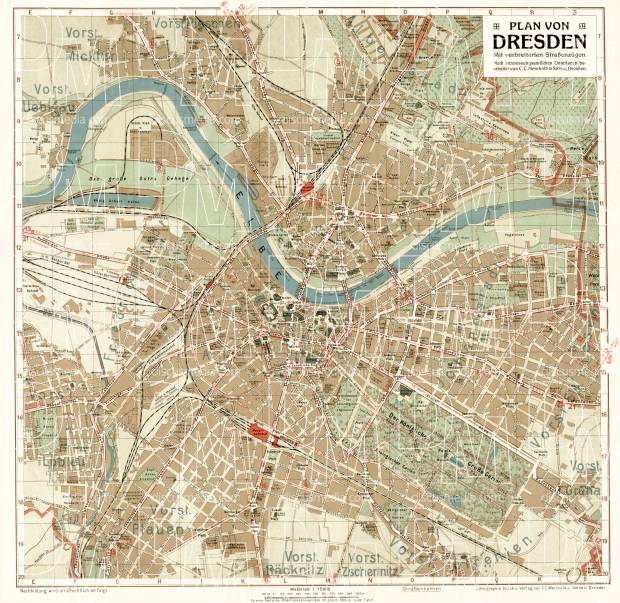 Old map of Dresden in 1910. Buy vintage map replica poster print or