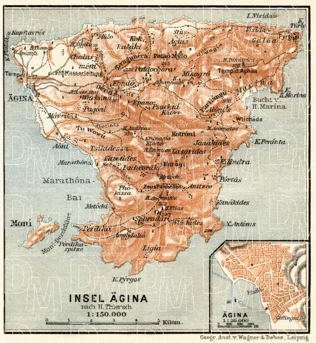 Aegina isle map, Aegina city map, 1908. Use the zooming tool to explore in higher level of detail. Obtain as a quality print or high resolution image