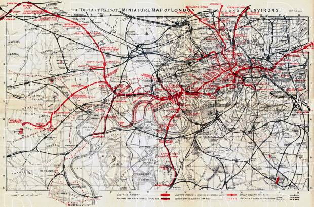 London miniature map with the District Railroad diagram, 1907. Use the zooming tool to explore in higher level of detail. Obtain as a quality print or high resolution image