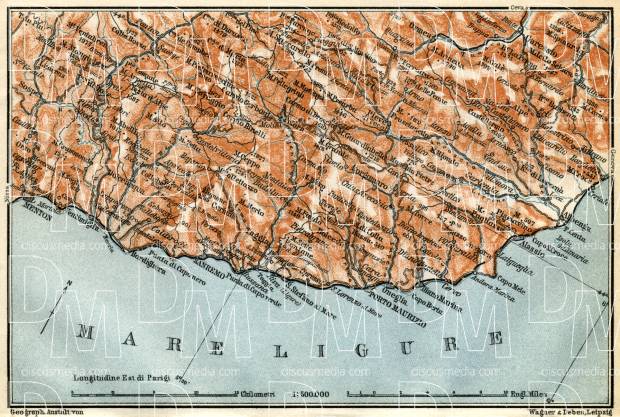 Italian Genoese Riviera (Riviére) from Pontimiglia to Ceriale map, 1913. Use the zooming tool to explore in higher level of detail. Obtain as a quality print or high resolution image