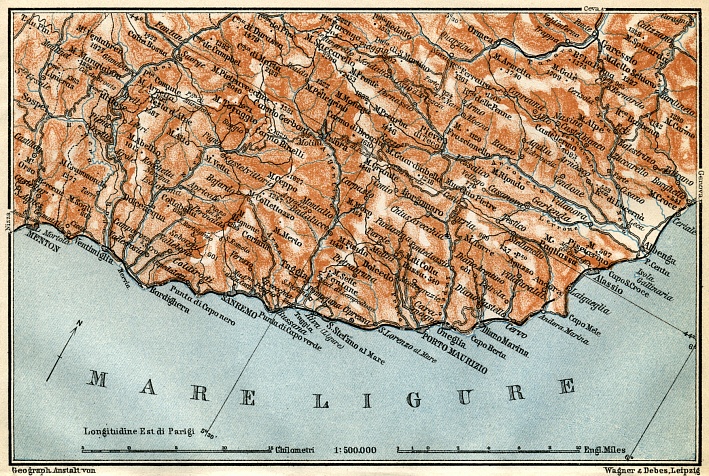 Italian Genoese Riviera (Riviére) from Pontimiglia to Ceriale map, 1913