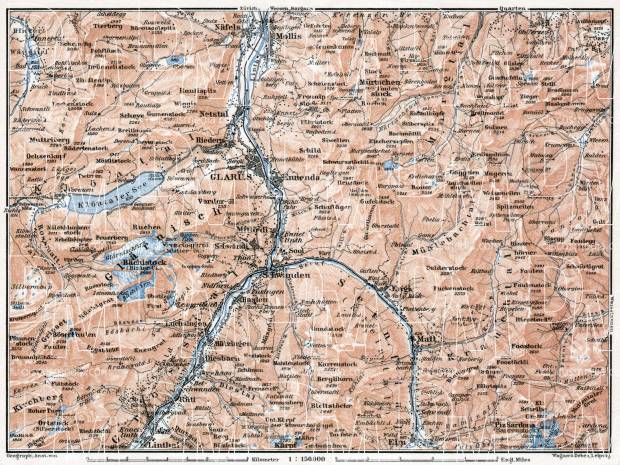 Glarus and environs map, 1909. Use the zooming tool to explore in higher level of detail. Obtain as a quality print or high resolution image