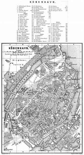 Copenhagen (Kjöbenhavn, København) central part map, 1887
