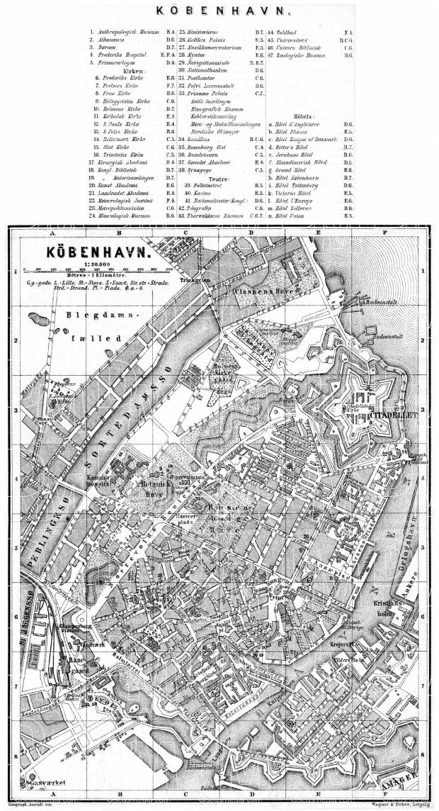 Copenhagen (Kjöbenhavn, København) central part map, 1887. Use the zooming tool to explore in higher level of detail. Obtain as a quality print or high resolution image
