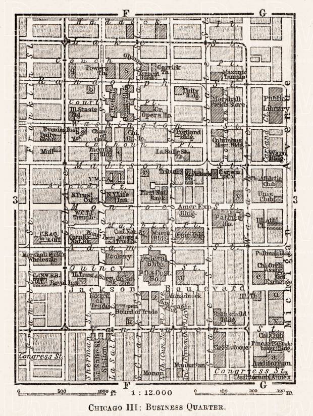 Chicago III (business quarter) city map, 1909. Use the zooming tool to explore in higher level of detail. Obtain as a quality print or high resolution image