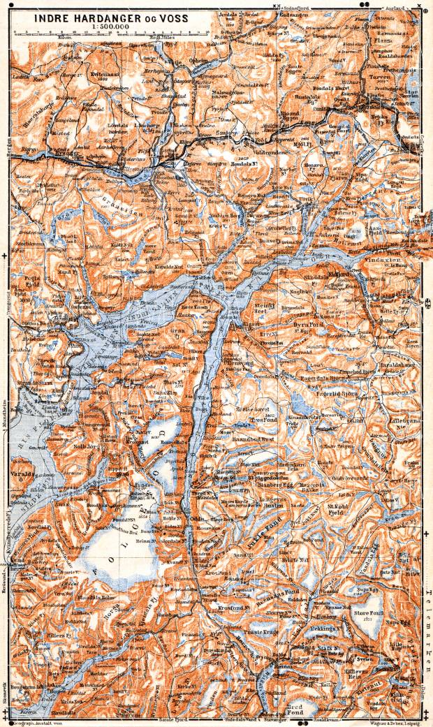 Inner Hardangs map, 1910. Use the zooming tool to explore in higher level of detail. Obtain as a quality print or high resolution image