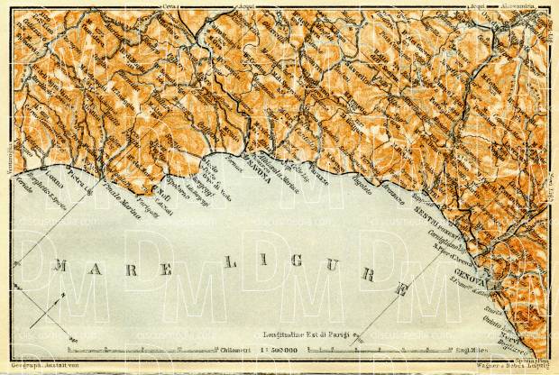 Italian Genoese Riviera (Rivière) from Savona to Genoa, map, 1908. Use the zooming tool to explore in higher level of detail. Obtain as a quality print or high resolution image