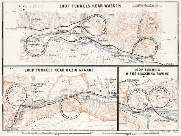 Gotthard railway. St. Gotthard spiral (loop) tunnels´ map, 1909. Use the zooming tool to explore in higher level of detail. Obtain as a quality print or high resolution image
