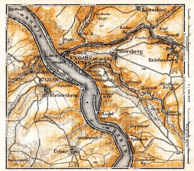 St. Goar, St. Goard-Hausen and environs map, 1905. Use the zooming tool to explore in higher level of detail. Obtain as a quality print or high resolution image