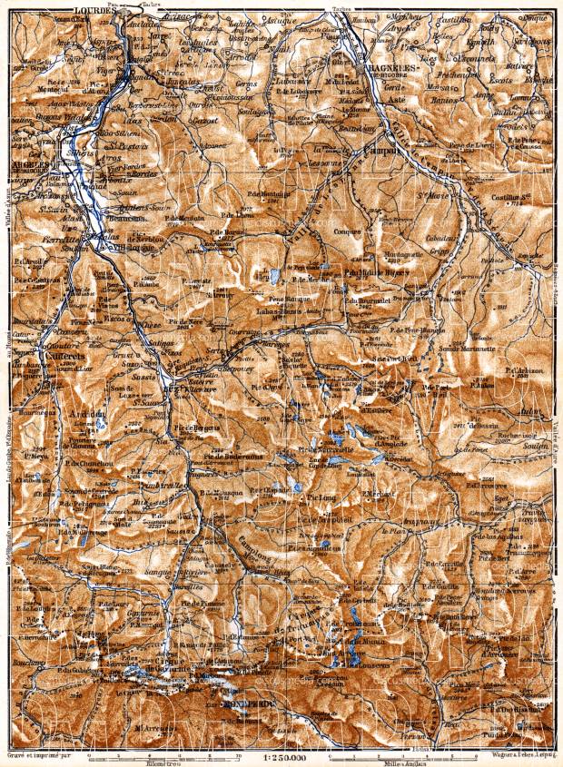Lourdes-Bagneres map, 1885. Use the zooming tool to explore in higher level of detail. Obtain as a quality print or high resolution image