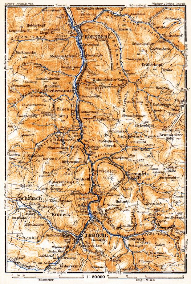 Schwarzwald (the Black Forest) map: from Hornberg to Triberg, 1905. Use the zooming tool to explore in higher level of detail. Obtain as a quality print or high resolution image