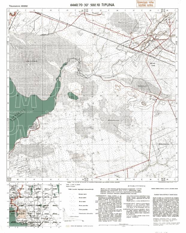 Dibuny  (St. Petersburg). Tipuna. Topografikartta 403202. Topographic map from 1943. Use the zooming tool to explore in higher level of detail. Obtain as a quality print or high resolution image