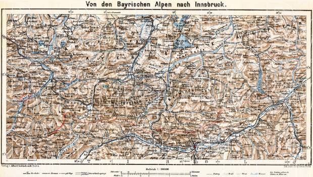 Bavarian Alps to Innsbruck map, 1911. Use the zooming tool to explore in higher level of detail. Obtain as a quality print or high resolution image