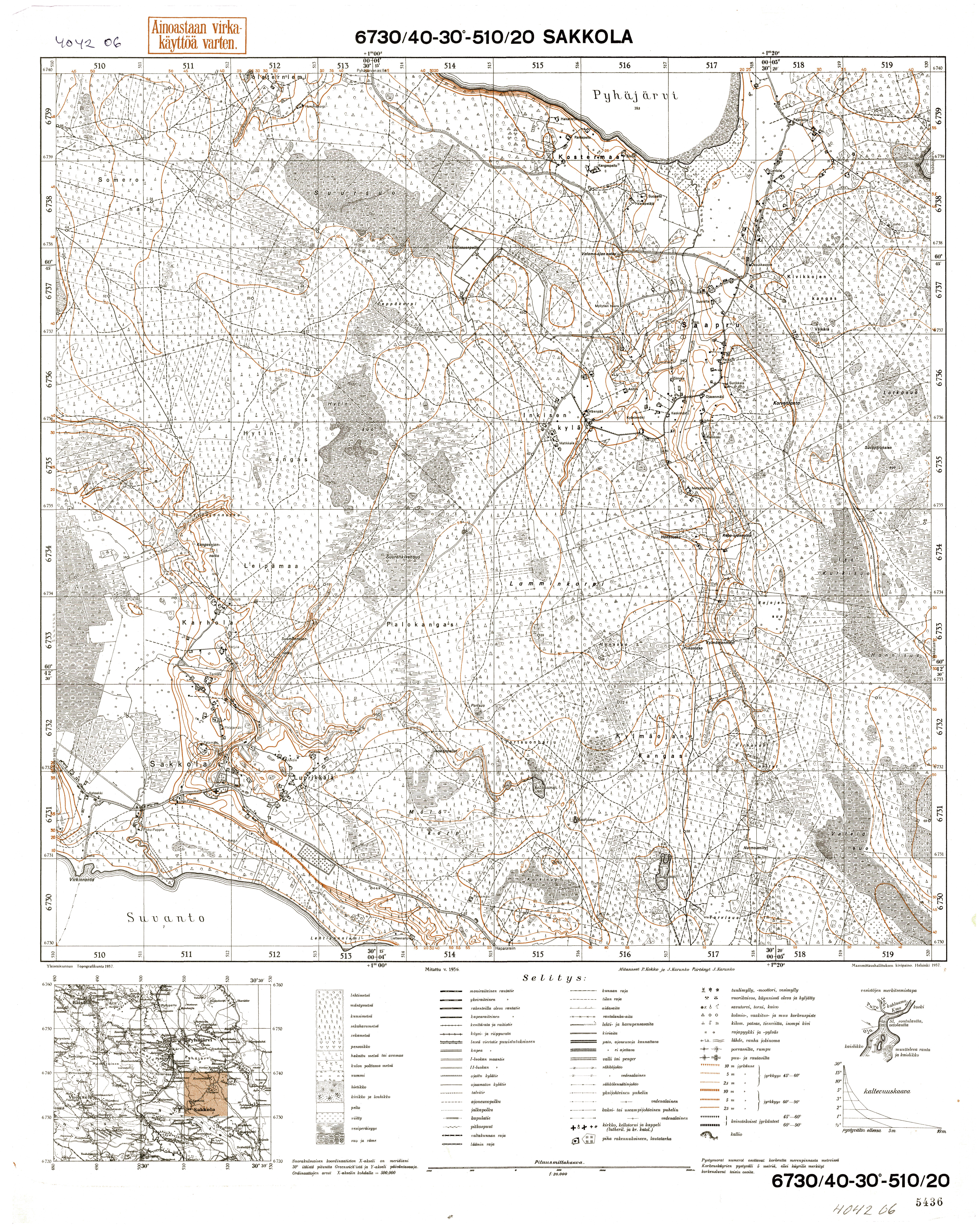 Novinka. Sakkola. Topografikartta 404206. Topographic map from 1937. Use the zooming tool to explore in higher level of detail. Obtain as a quality print or high resolution image