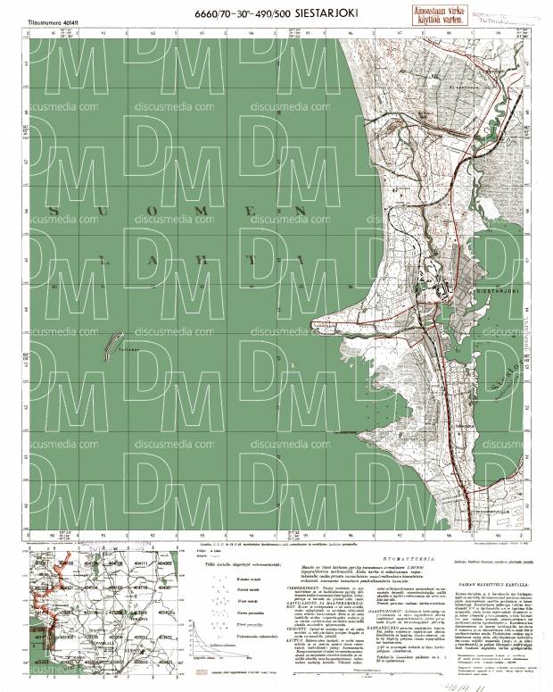 Sestroretsk (St. Petersburg). Siestarjoki. Topografikartta 401411. Topographic map from 1943. Use the zooming tool to explore in higher level of detail. Obtain as a quality print or high resolution image