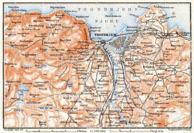 Trondheim (Trondhjem) environs map, 1910. Use the zooming tool to explore in higher level of detail. Obtain as a quality print or high resolution image
