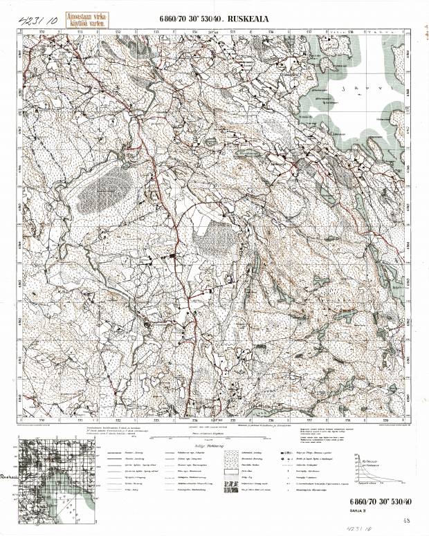Ruskeala. Topografikartta 423110. Topographic map from 1942. Use the zooming tool to explore in higher level of detail. Obtain as a quality print or high resolution image