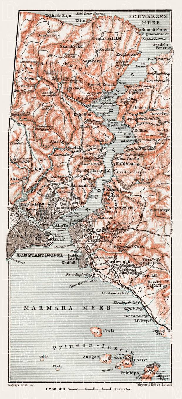Constantionople (قسطنطينيه, İstanbul) and the Bosphorus map, 1914. Use the zooming tool to explore in higher level of detail. Obtain as a quality print or high resolution image