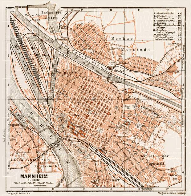 Mannheim city map, 1909. Use the zooming tool to explore in higher level of detail. Obtain as a quality print or high resolution image