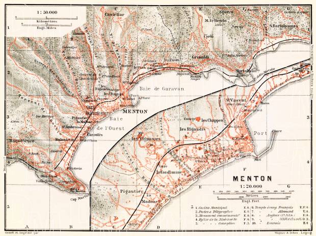 Menton town plan with map of the environs of Menton, 1910. Use the zooming tool to explore in higher level of detail. Obtain as a quality print or high resolution image