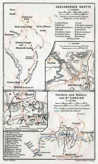 Adelsberg (Postojna, Postumia) Royal Grottoes. Divača and the Škocjan Caves area map, 1910