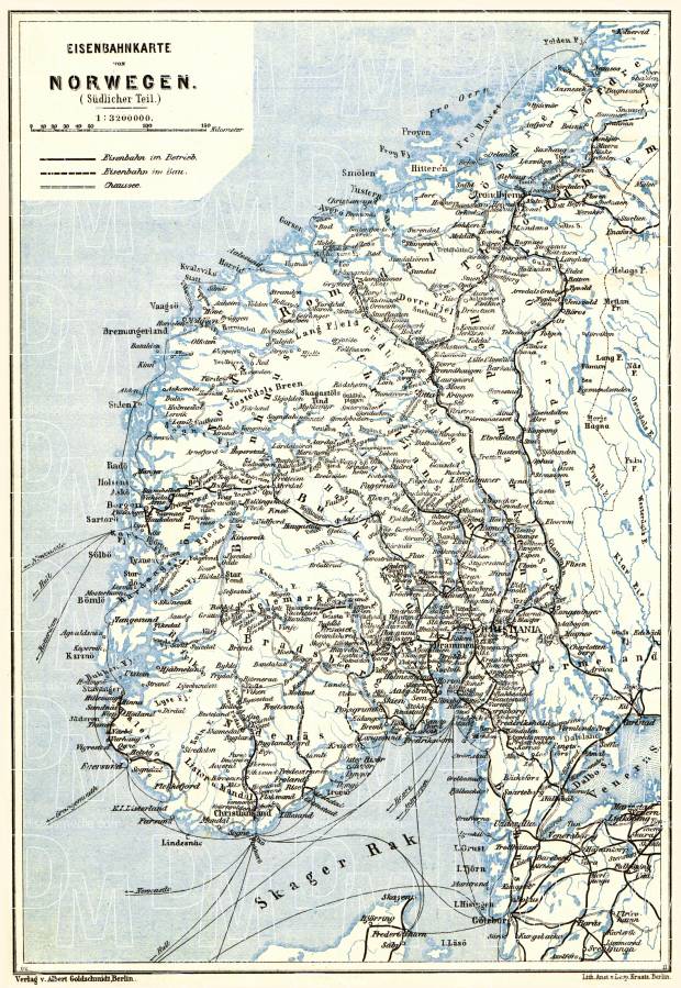Norway, southern part. Railway network map, 1913. Use the zooming tool to explore in higher level of detail. Obtain as a quality print or high resolution image