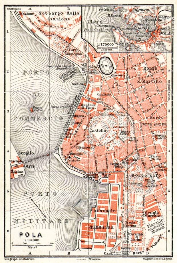 Pola (Pula) city map and environs map, 1913. Use the zooming tool to explore in higher level of detail. Obtain as a quality print or high resolution image