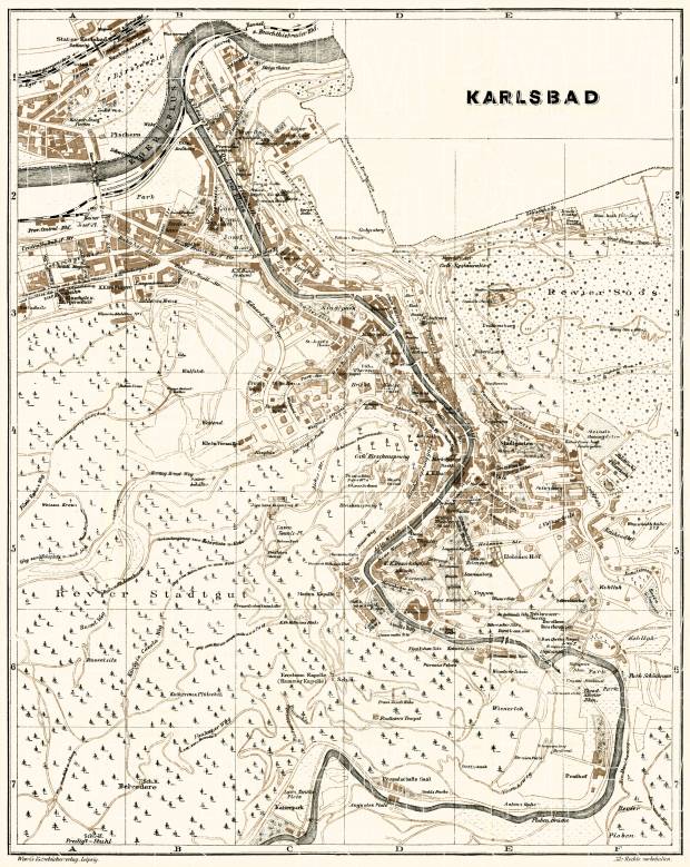 Karlsbad (Karlový Vary) city map, 1908. Use the zooming tool to explore in higher level of detail. Obtain as a quality print or high resolution image