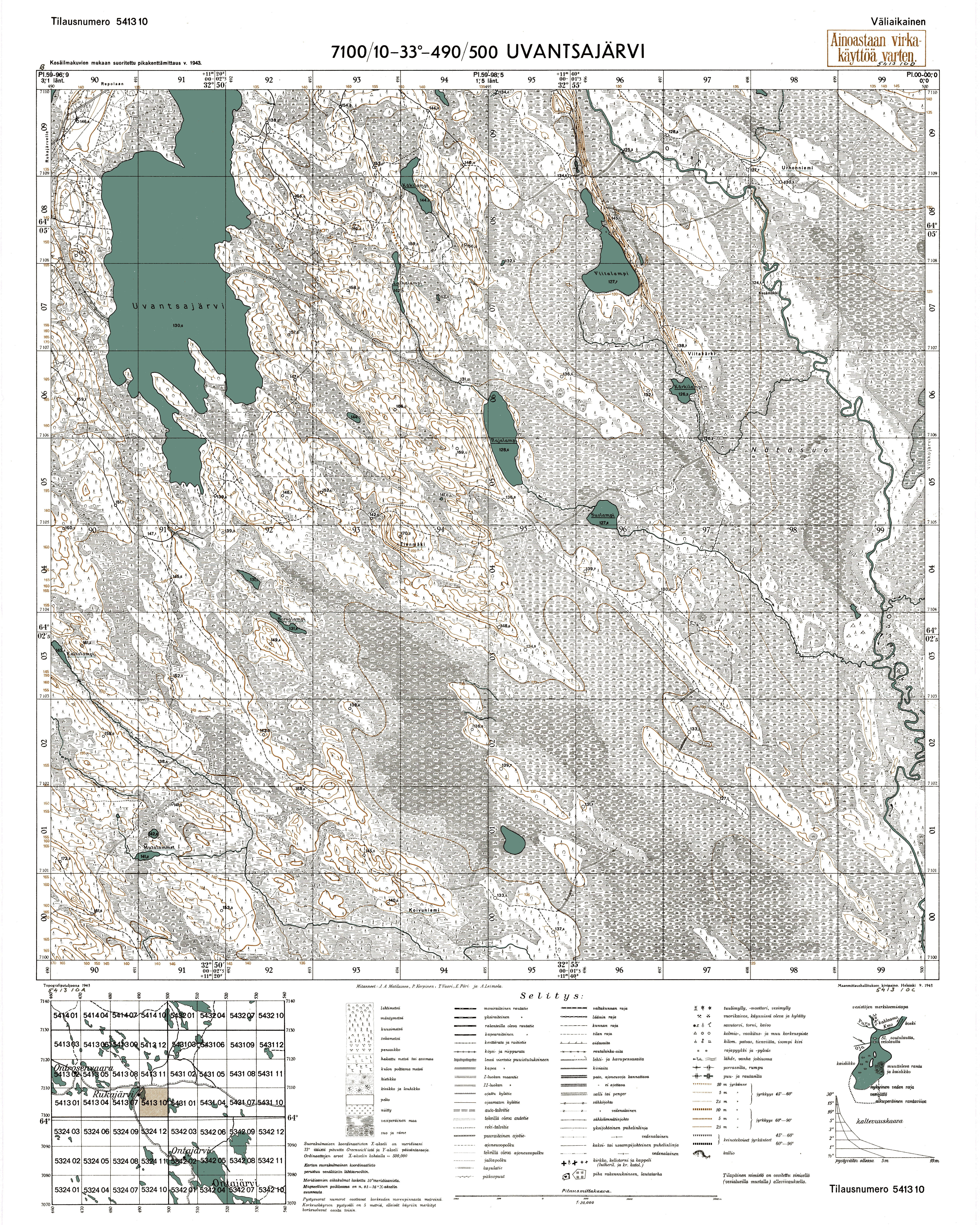 Vantšozero Lake. Uvantsajärvi. Topografikartta 541310. Topographic map from 1943. Use the zooming tool to explore in higher level of detail. Obtain as a quality print or high resolution image