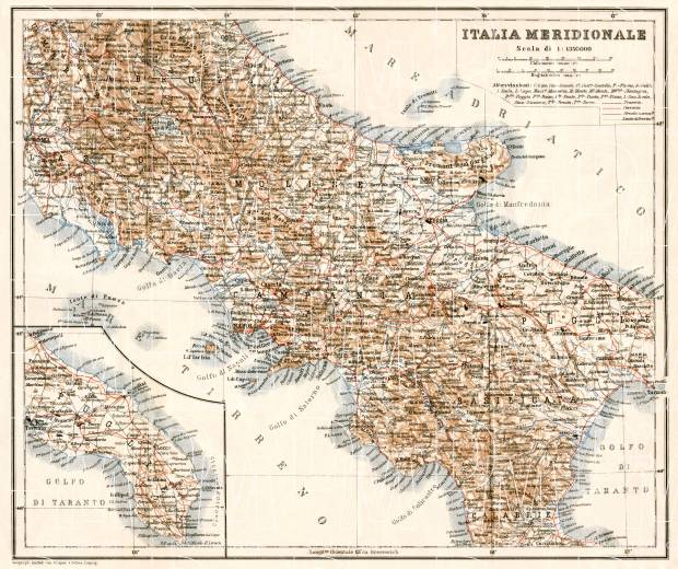 Italy, southern part map, 1912. Use the zooming tool to explore in higher level of detail. Obtain as a quality print or high resolution image