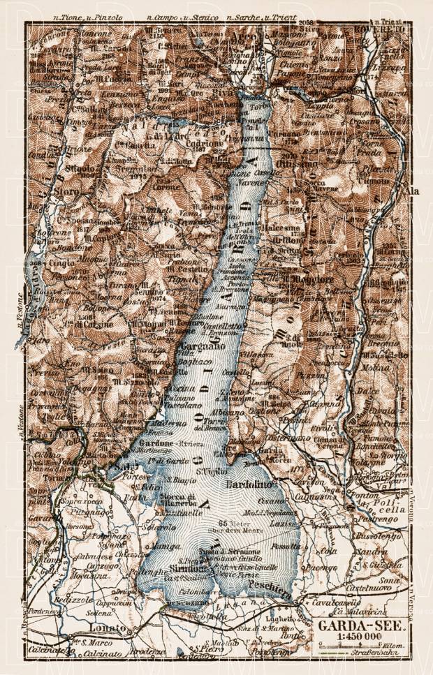 Map of the Garda Lake (Lago di Garda) environs, 1913. Use the zooming tool to explore in higher level of detail. Obtain as a quality print or high resolution image