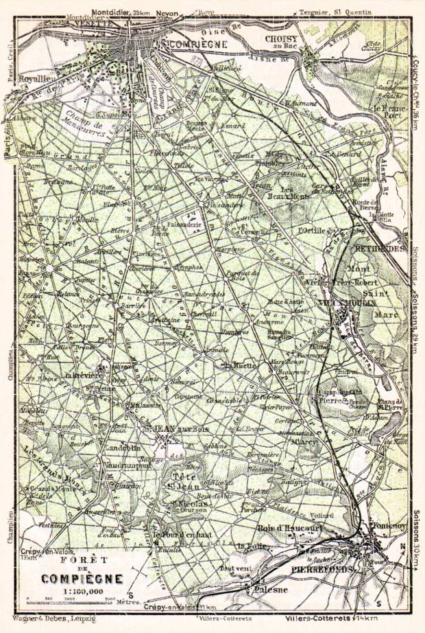 Compiègne Forest (Forêt de Compiègne) map, 1931. Use the zooming tool to explore in higher level of detail. Obtain as a quality print or high resolution image