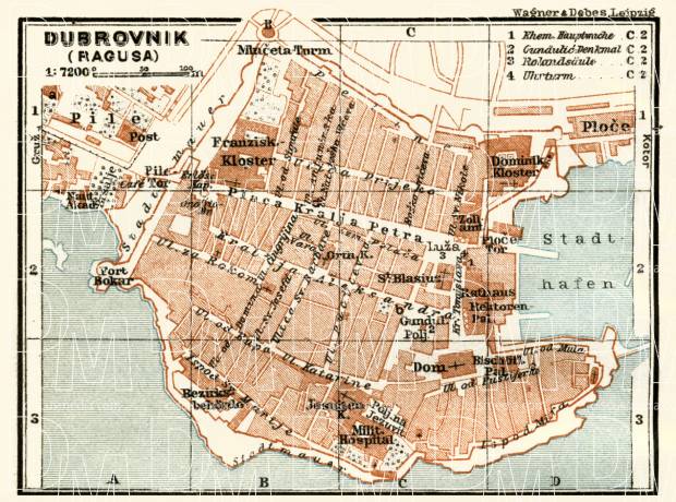 Ragusa (Dubrovnik) city map, 1929. Use the zooming tool to explore in higher level of detail. Obtain as a quality print or high resolution image