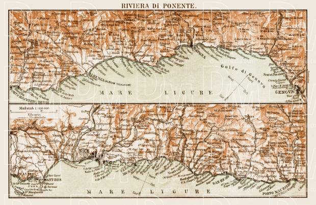 Map of the Riviera di Ponente, 1903. Use the zooming tool to explore in higher level of detail. Obtain as a quality print or high resolution image