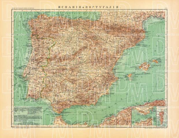 Spain and Portugal Map (in Russian), 1910. Use the zooming tool to explore in higher level of detail. Obtain as a quality print or high resolution image