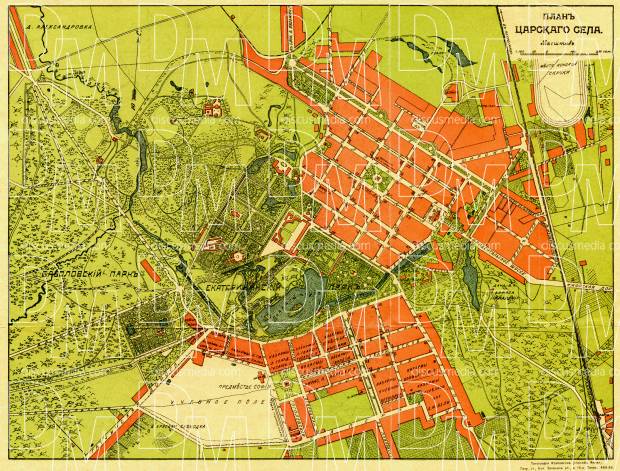 Tsarskoe Selo (Царское Село, nowadays Pushkin) town plan, 1910-1914. Use the zooming tool to explore in higher level of detail. Obtain as a quality print or high resolution image