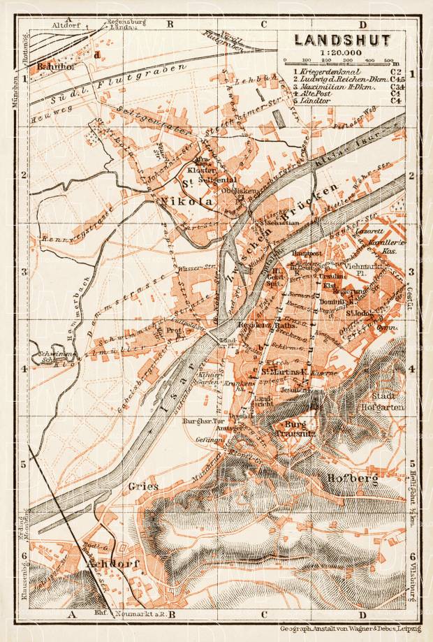 Landshut city map, 1909. Use the zooming tool to explore in higher level of detail. Obtain as a quality print or high resolution image