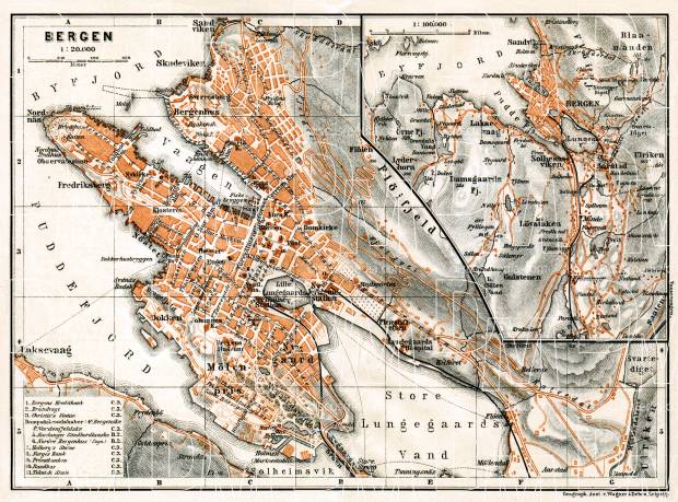 Bergen city map and environs map, 1910. Use the zooming tool to explore in higher level of detail. Obtain as a quality print or high resolution image
