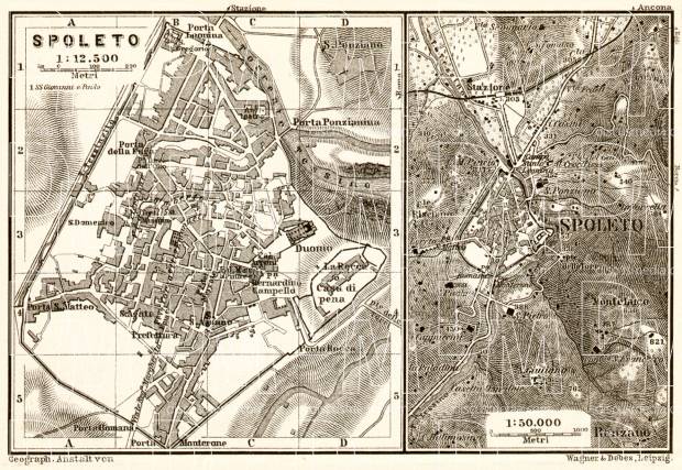 Spoleto town plan. Environs of Spoleto map, 1909. Use the zooming tool to explore in higher level of detail. Obtain as a quality print or high resolution image