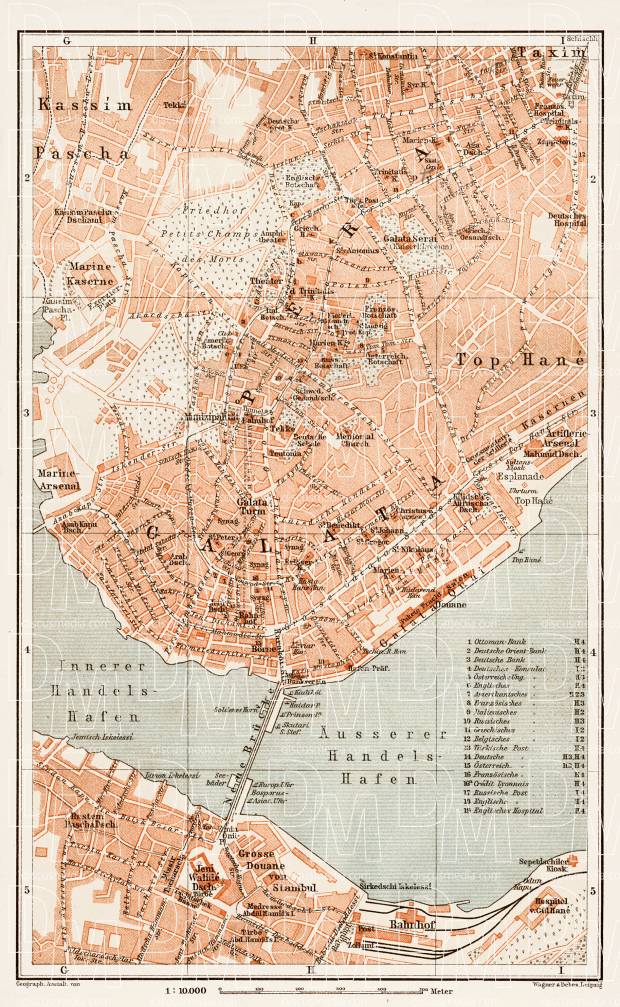 Constantionople (قسطنطينيه, İstanbul, Istanbul), central part map, 1914. Use the zooming tool to explore in higher level of detail. Obtain as a quality print or high resolution image