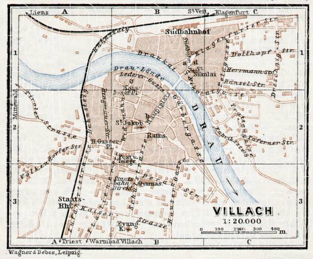 Villach town plan, 1910. Use the zooming tool to explore in higher level of detail. Obtain as a quality print or high resolution image